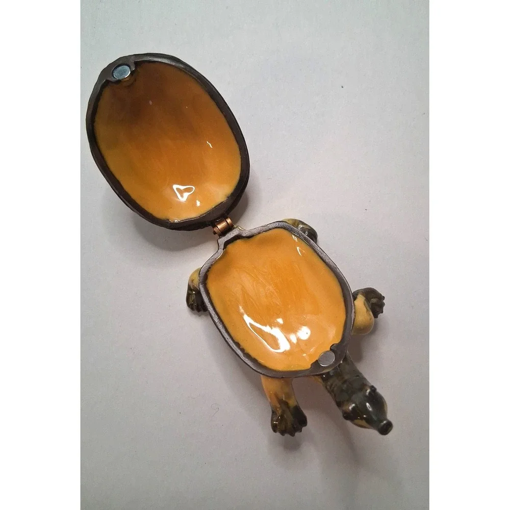 Metal Brass Enameled Turtle Trinket Box with Rhinestones Hinged Shell Lid Nice!